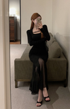 Elegant Long - Sleeve Black Gown with Sheer Side Slit