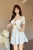 Stylish Short - Sleeve White Dress with Deep V - neck and Tie Detail
