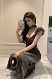 Elegant Charcoal Velvet Maxi Dress with Furry Straps