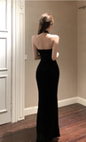 Elegant Black Halter Velvet Gown with Lace Detail