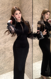 Elegant Black Maxi Dress with Sheer Lace Sleeves