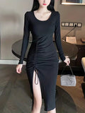 Black Crew Neck Long Sleeve Split Drawstring Dress