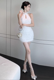 Stylish Furry White Sleeveless Dress with Cut - out Detail