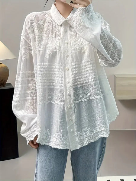Button-Down Embroidery Front White Blouse