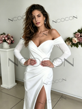 Off Shoulder Long Sleeve Satin A-Line Wedding Dress with Slit