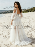 V Neck Sequin Tulle Short Detachable Sleeves Wedding Dress