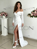 Off Shoulder Long Sleeve Satin A-Line Wedding Dress with Slit