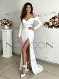 Off Shoulder Long Sleeve Satin A-Line Wedding Dress with Slit