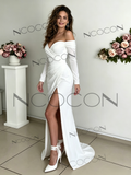 Off Shoulder Long Sleeve Satin A-Line Wedding Dress with Slit