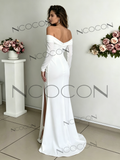Off Shoulder Long Sleeve Satin A-Line Wedding Dress with Slit