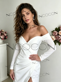 Off Shoulder Long Sleeve Satin A-Line Wedding Dress with Slit