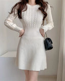 Flared Skirt Fitted Waist Cream Dress