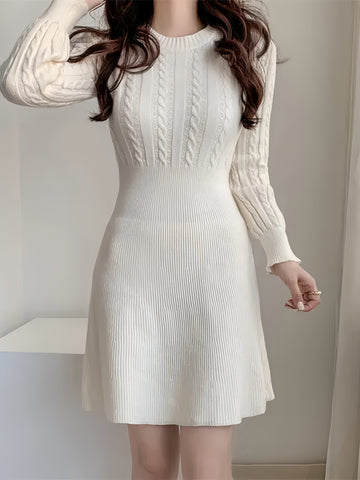 Flared Skirt Fitted Waist Cream Dress