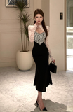Stylish Outfit with Sheer Lace Blouse and Flared Black Skirt