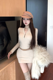 Stylish Beige Bodycon Dress with Lace Neckline Detail