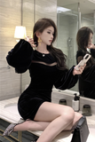 Elegant Black Velvet Dress with Sheer Mesh Inserts