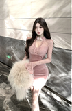 Elegant Pink Velvet Dress with Sheer Lace Yoke
