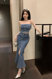 Trendy Strapless Denim Crop Top with High - Slit Maxi Skirt