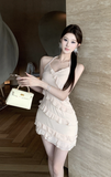 Elegant Tiered Chiffon Halter Dress in Soft Beige Shade