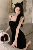 Stylish Black Spaghetti - Strap Mini Dress with Sequin Detail
