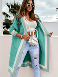 Color Block Open Front Knit Hooded Pink Long Sleeve Cardigan