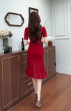 Elegant Red Ruched Midi Dress with V - Neck Design