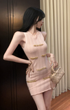 Charming Pink Sleeveless Dress with Gold Chain Accents
