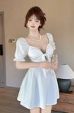 Stylish Short - Sleeve White Dress with Deep V - neck and Tie Detail