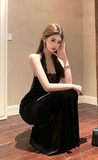 Elegant Black Halter Velvet Gown with Lace Detail