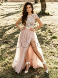 Scoop A Line Lace Tulle Pink Wedding Dress With Slit