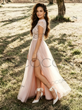 Scoop A Line Lace Tulle Pink Wedding Dress With Slit