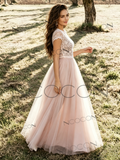 Scoop A Line Lace Tulle Pink Wedding Dress With Slit
