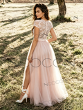 Scoop A Line Lace Tulle Pink Wedding Dress With Slit