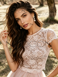 Scoop A Line Lace Tulle Pink Wedding Dress With Slit