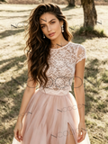 Scoop A Line Lace Tulle Pink Wedding Dress With Slit