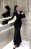 Elegant Long - Sleeve Black Mermaid Dress with Ruffles