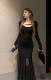 Elegant Long - Sleeve Black Gown with Sheer Side Slit