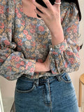 Long Sleeve Floral Print Square Neck Blouse