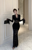 Elegant Black Lace Mermaid Gown with Long Sleeves