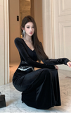 Elegant Black Velvet Mermaid Dress with Lace Waist Detail