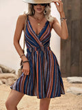 Surplice Neckline Gathered Waist Striped Dress