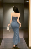 Trendy Strapless Denim Crop Top with High - Slit Maxi Skirt