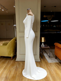 Draped Waist White One-Shoulder Long Sleeve Prom Dress