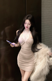 Stylish Shimmery Beige Mini Dress with Ruched Design