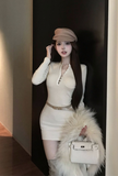 Stylish Beige Bodycon Dress with Lace Neckline Detail