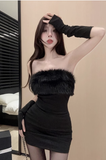 Elegant Black Strapless Dress with Furry Trim