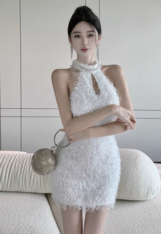 Stylish Furry White Sleeveless Dress with Cut - out Detail