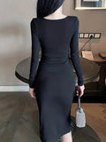 Black Crew Neck Long Sleeve Split Drawstring Dress