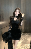 Elegant Pink Velvet Dress with Sheer Lace Yoke