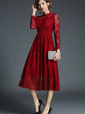 Burgundy High Neck Lace Long Sleeve Party Dress